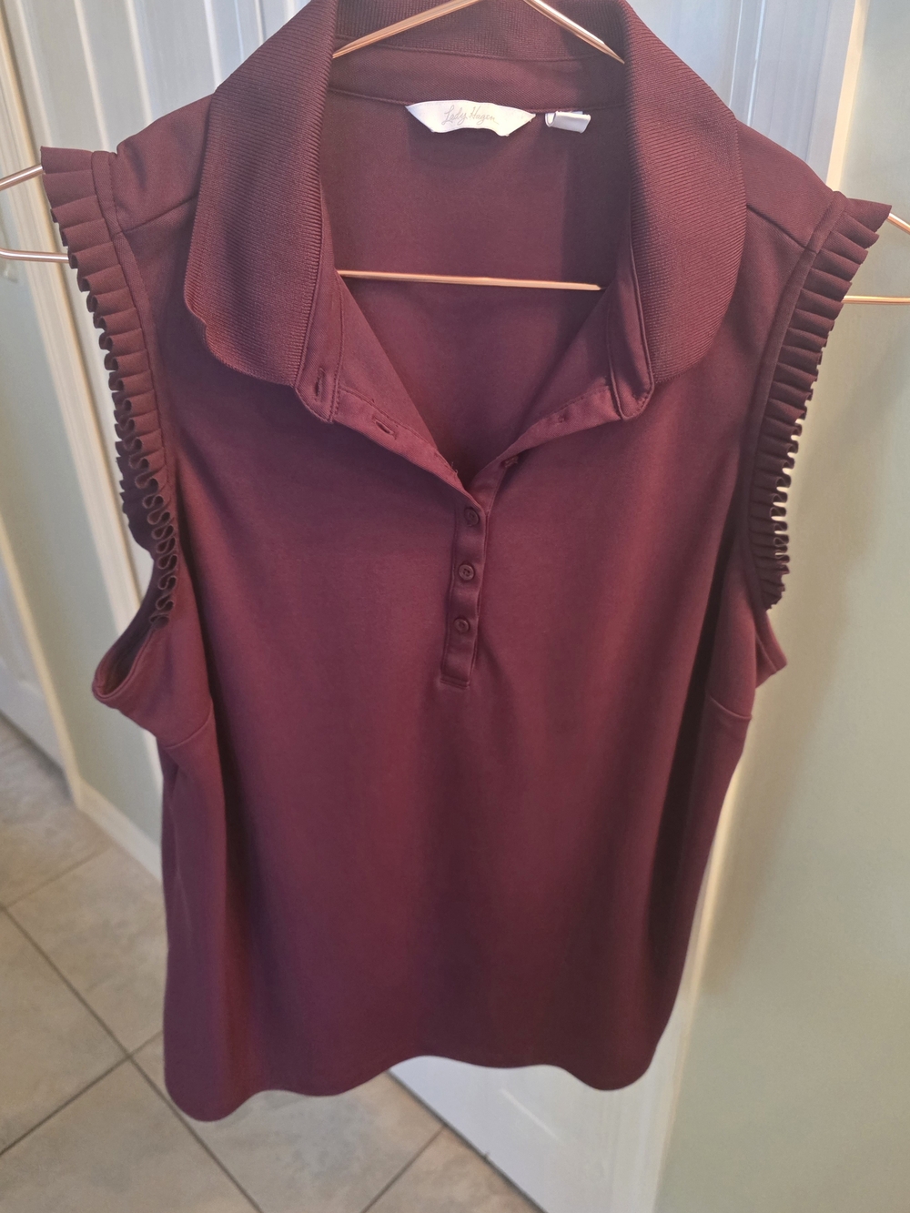 Lady Hagen Sleeveless Polo Tank Top in Burgundy with Pleated Shoulder Trim